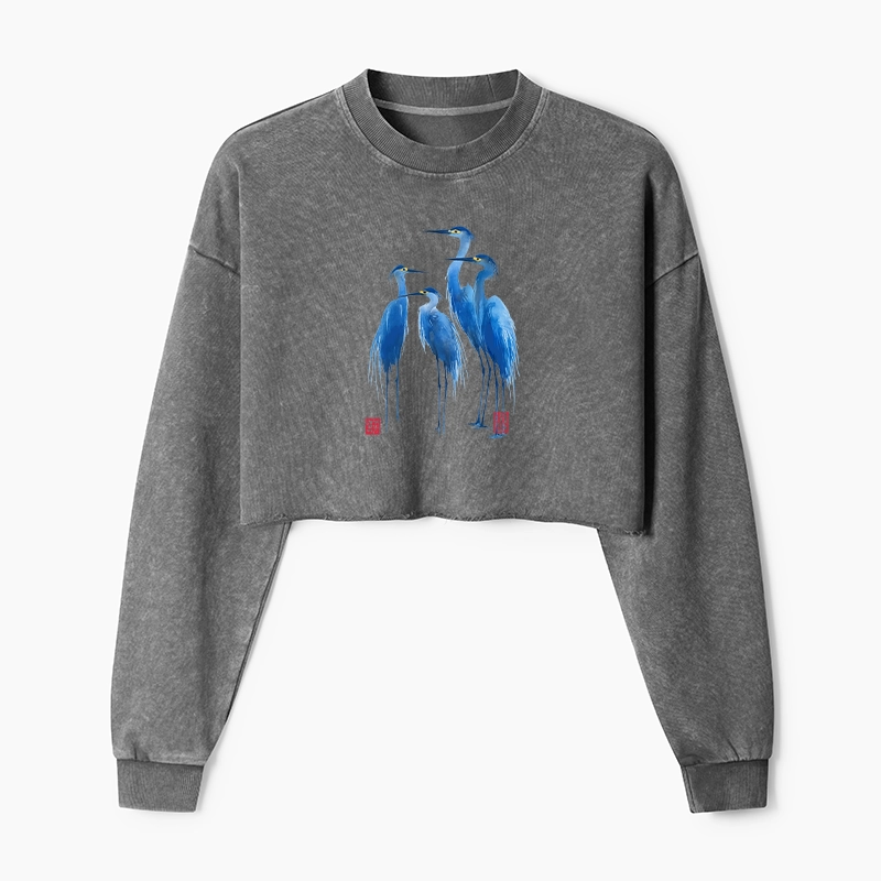 Tokyo-Tiger Flocks Of Great Blue Herons Washed Crop Sweatshirt