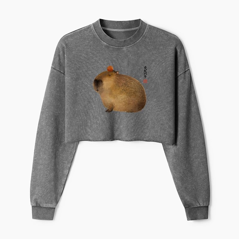 Tokyo-Tiger Calm Capybara Illustration Washed Crop Sweatshirt
