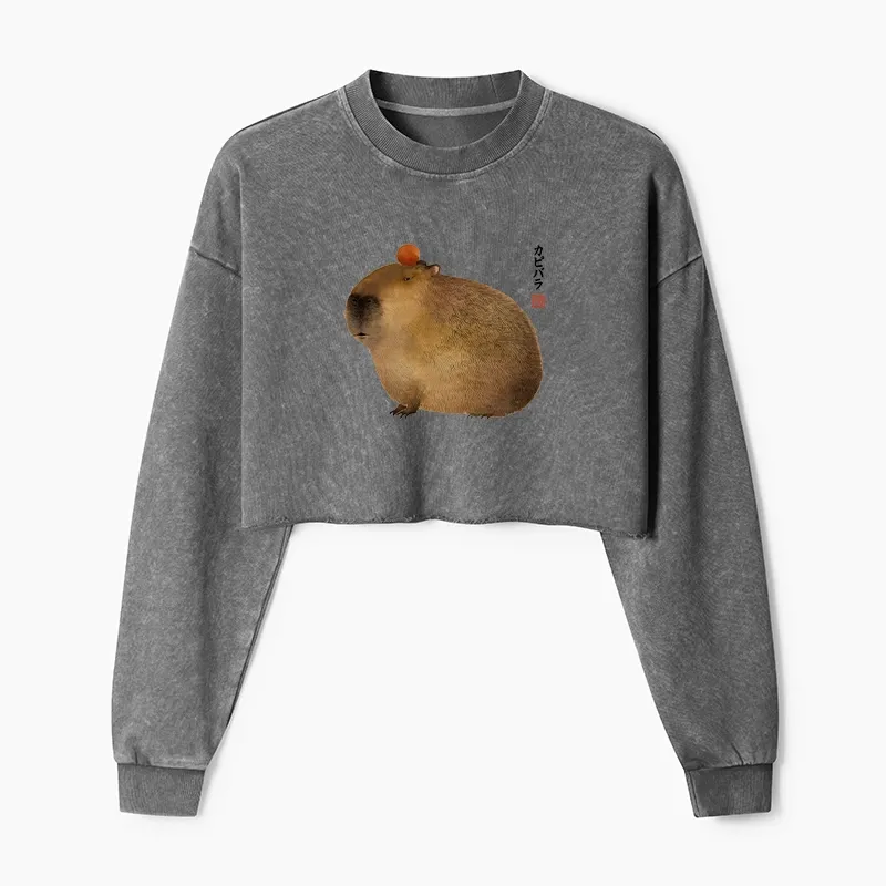 Tokyo-Tiger Calm Capybara Illustration Washed Crop Sweatshirt