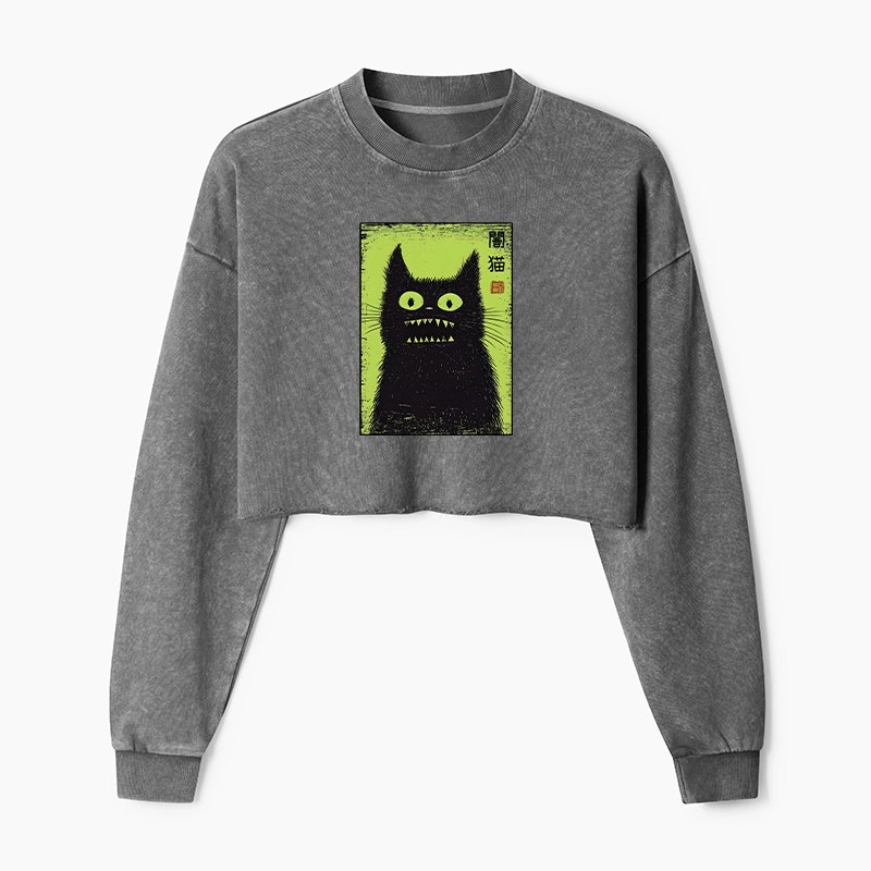 Tokyo-Tiger Spooky Black Cat Japanese Washed Crop Sweatshirt