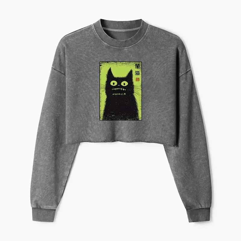Tokyo-Tiger Spooky Black Cat Japanese Washed Crop Sweatshirt