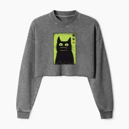 Tokyo-Tiger Spooky Black Cat Japanese Washed Crop Sweatshirt