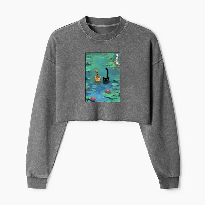 Tokyo-Tiger Funny Cats Swimming In Lilies Washed Crop Sweatshirt