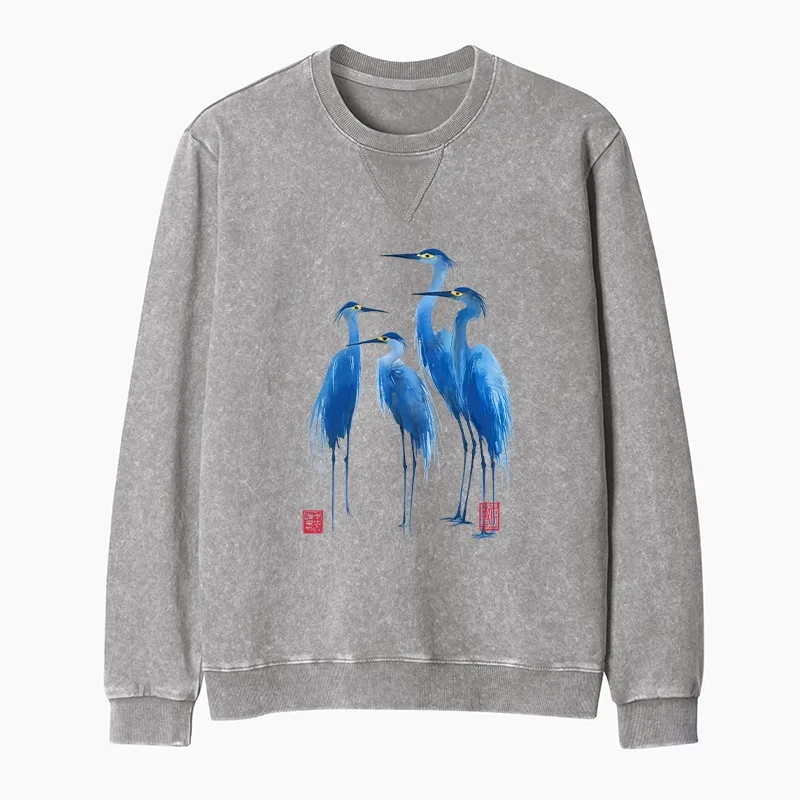 Tokyo-Tiger Flocks Of Great Blue Herons Washed Terry Sweatshirt