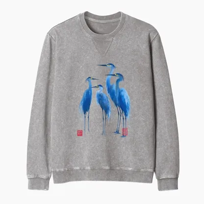Tokyo-Tiger Flocks Of Great Blue Herons Washed Terry Sweatshirt