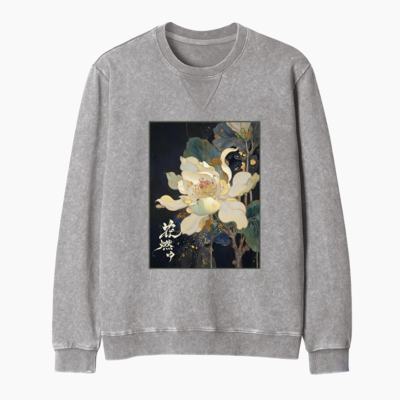 Tokyo-Tiger Lotus Adorned With Golden Specks Washed Terry Sweatshirt