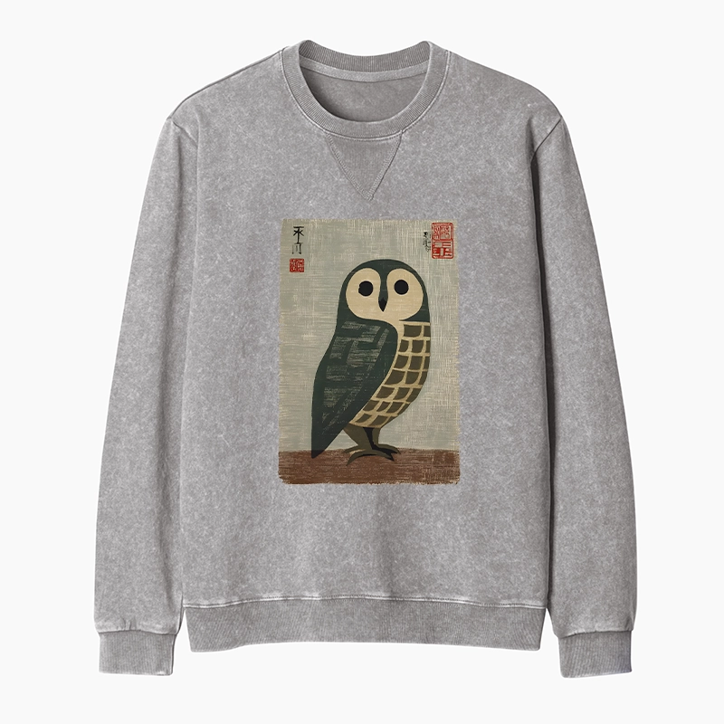 Tokyo-Tiger Traditional Owl In Japanese Art Washed Terry Sweatshirt