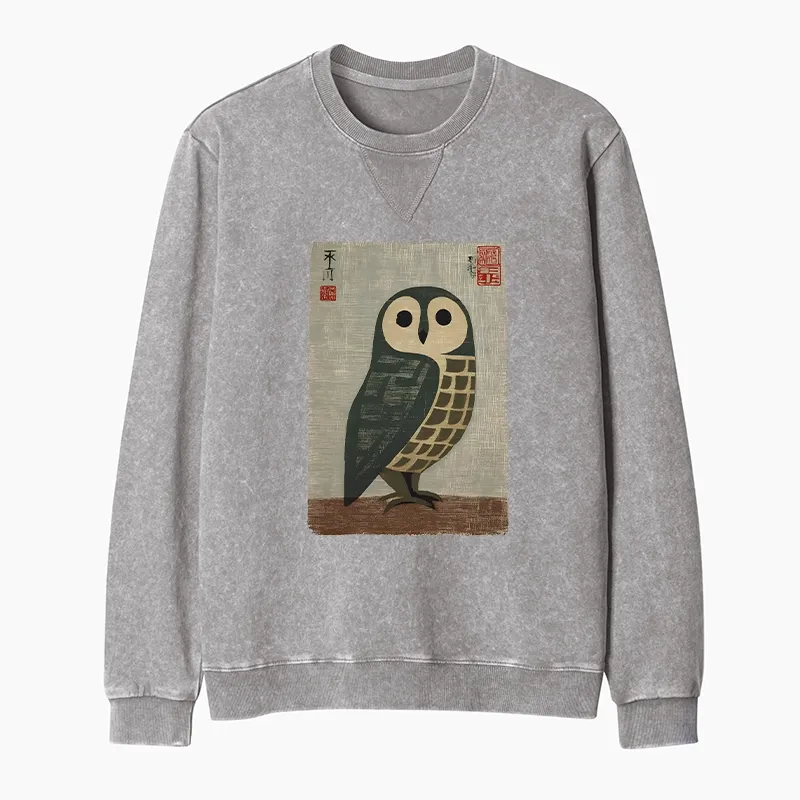 Tokyo-Tiger Traditional Owl In Japanese Art Washed Terry Sweatshirt