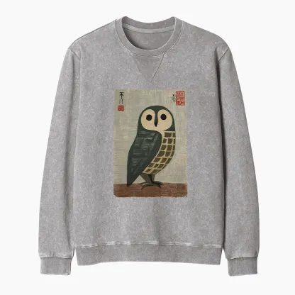 Tokyo-Tiger Traditional Owl In Japanese Art Washed Terry Sweatshirt