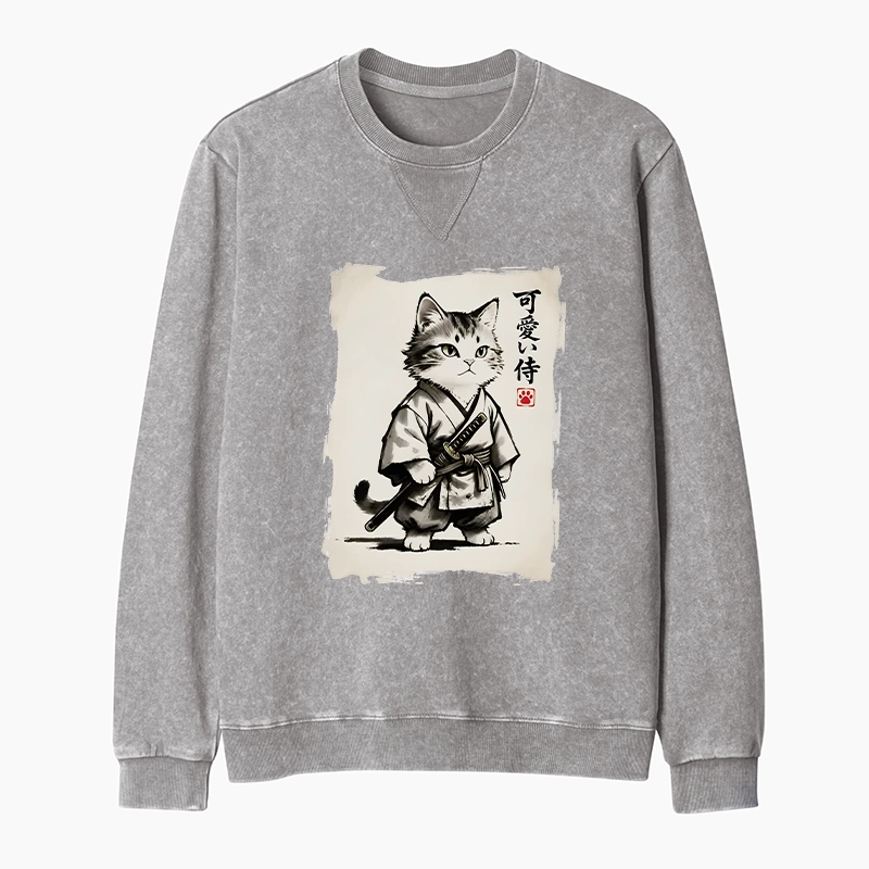 Tokyo-Tiger Japanese Samurai Cat Illustration Washed Terry Sweatshirt
