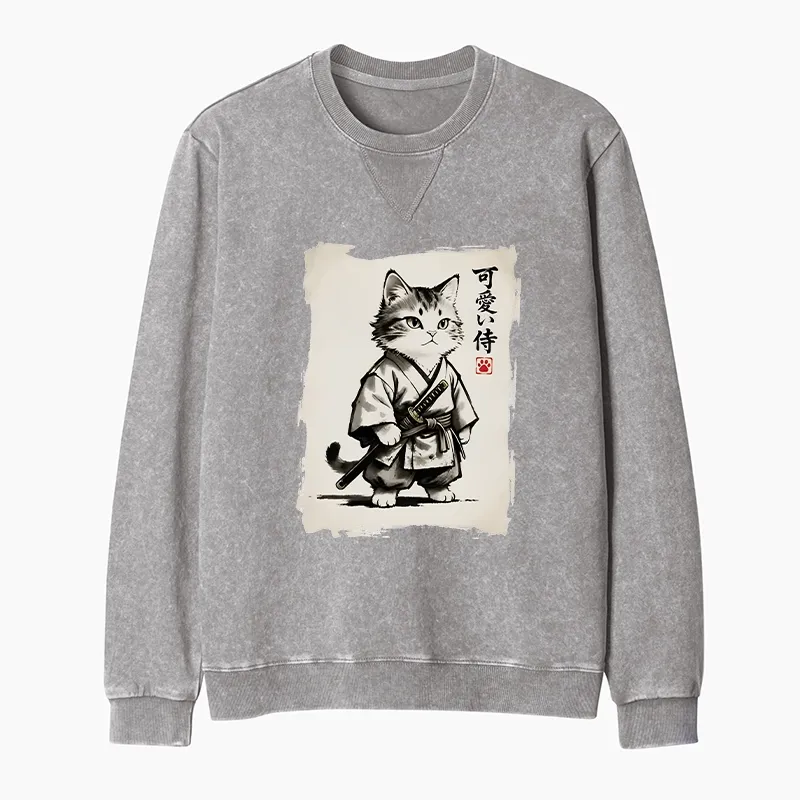 Tokyo-Tiger Japanese Samurai Cat Illustration Washed Terry Sweatshirt Sale