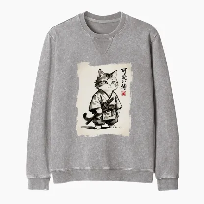 Tokyo-Tiger Japanese Samurai Cat Illustration Washed Terry Sweatshirt