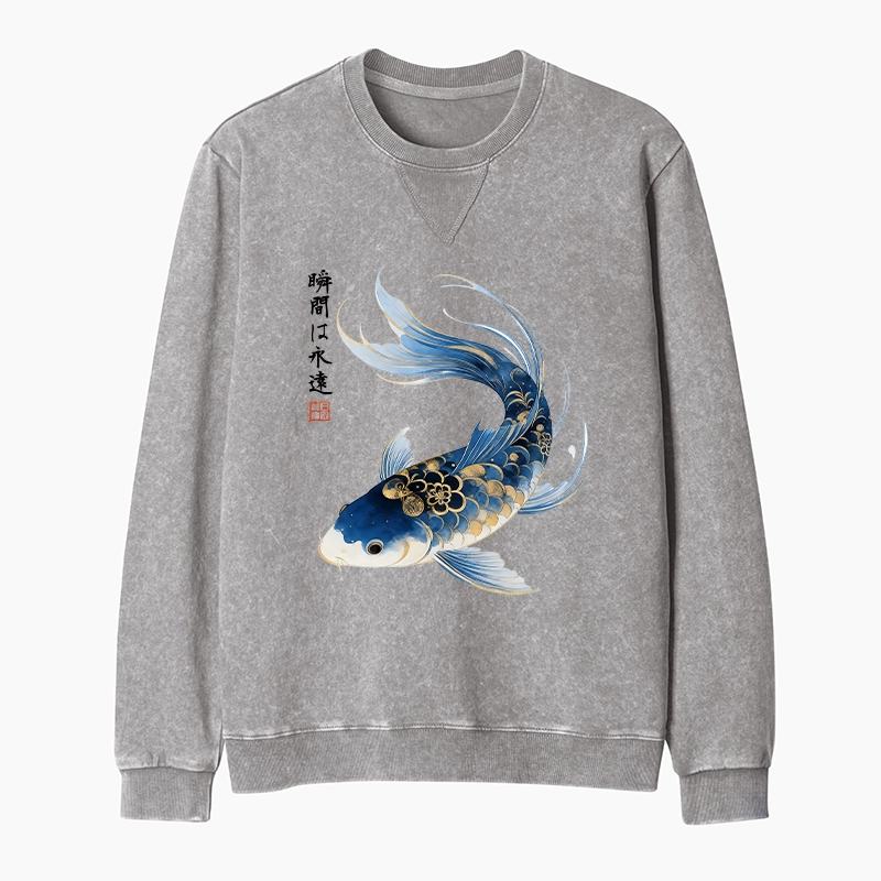 Tokyo-Tiger Elegant Koi Fish Watercolor Art Washed Terry Sweatshirt
