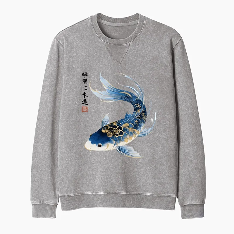 Tokyo-Tiger Elegant Koi Fish Watercolor Art Washed Terry Sweatshirt