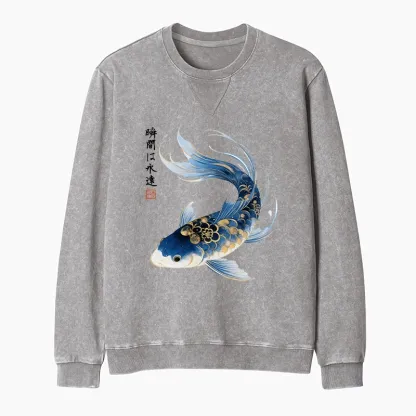 Tokyo-Tiger Elegant Koi Fish Watercolor Art Washed Terry Sweatshirt
