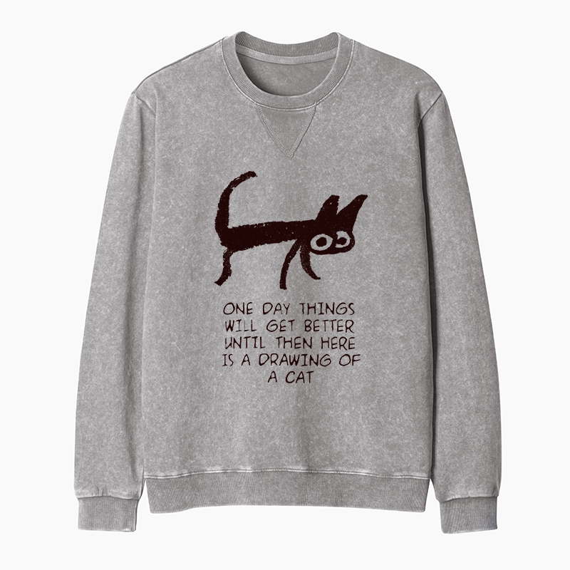 Tokyo-Tiger Cat Cheer Up Drawing Washed Terry Sweatshirt
