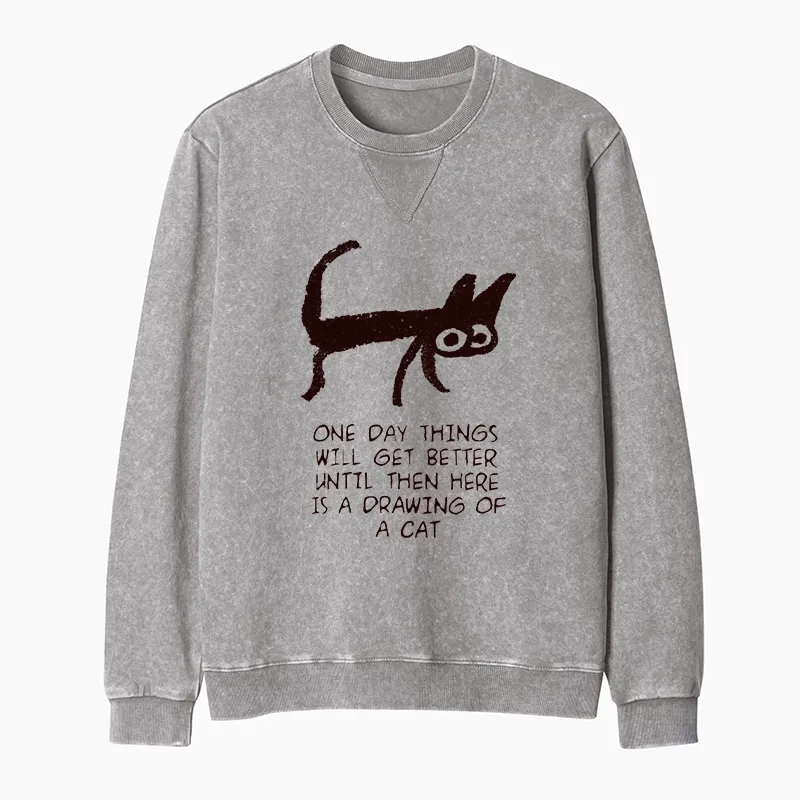 Tokyo-Tiger Cat Cheer Up Drawing Washed Terry Sweatshirt
