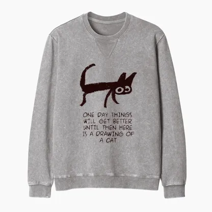 Tokyo-Tiger Cat Cheer Up Drawing Washed Terry Sweatshirt