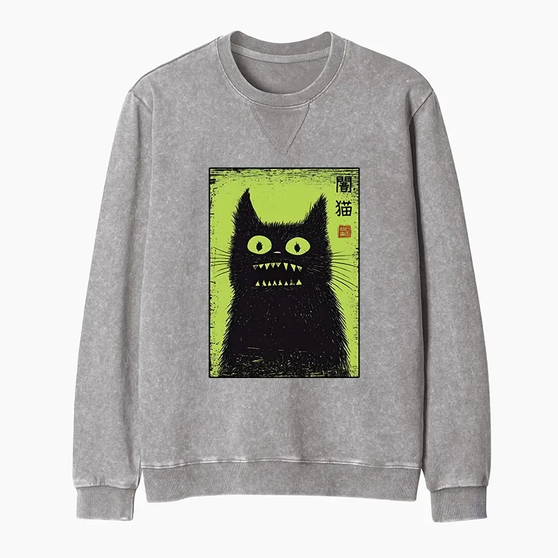 Tokyo-Tiger Spooky Black Cat Japanese Washed Terry Sweatshirt