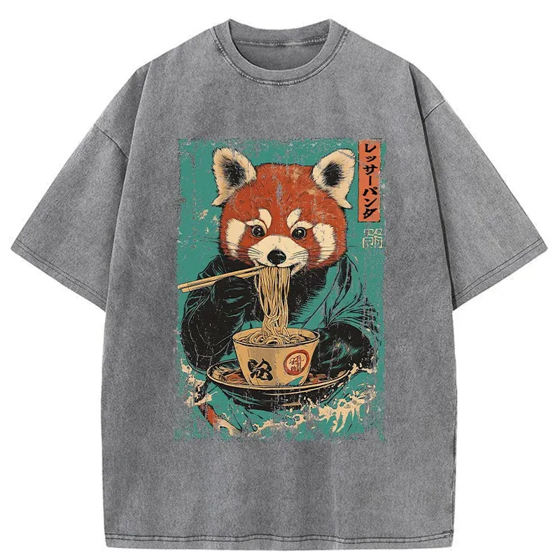 Tokyo-Tiger Raccoon Eating Ramen Washed T-Shirt