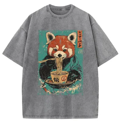 Tokyo-Tiger Raccoon Eating Ramen Washed T-Shirt