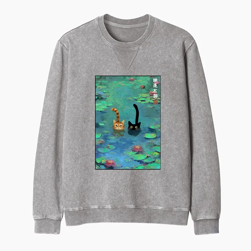 Tokyo-Tiger Funny Cats Swimming In Lilies Washed Terry Sweatshirt