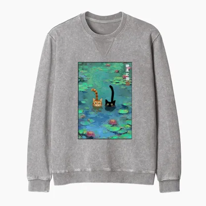 Tokyo-Tiger Funny Cats Swimming In Lilies Washed Terry Sweatshirt
