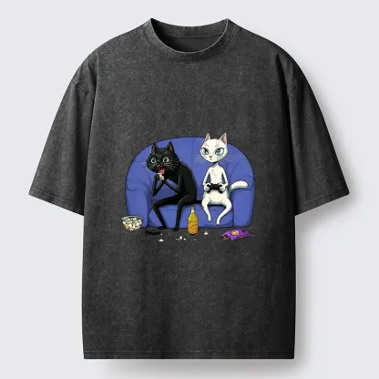 Tokyo-Tiger Two Cats One Couch Endless Fun Washed T-Shirt