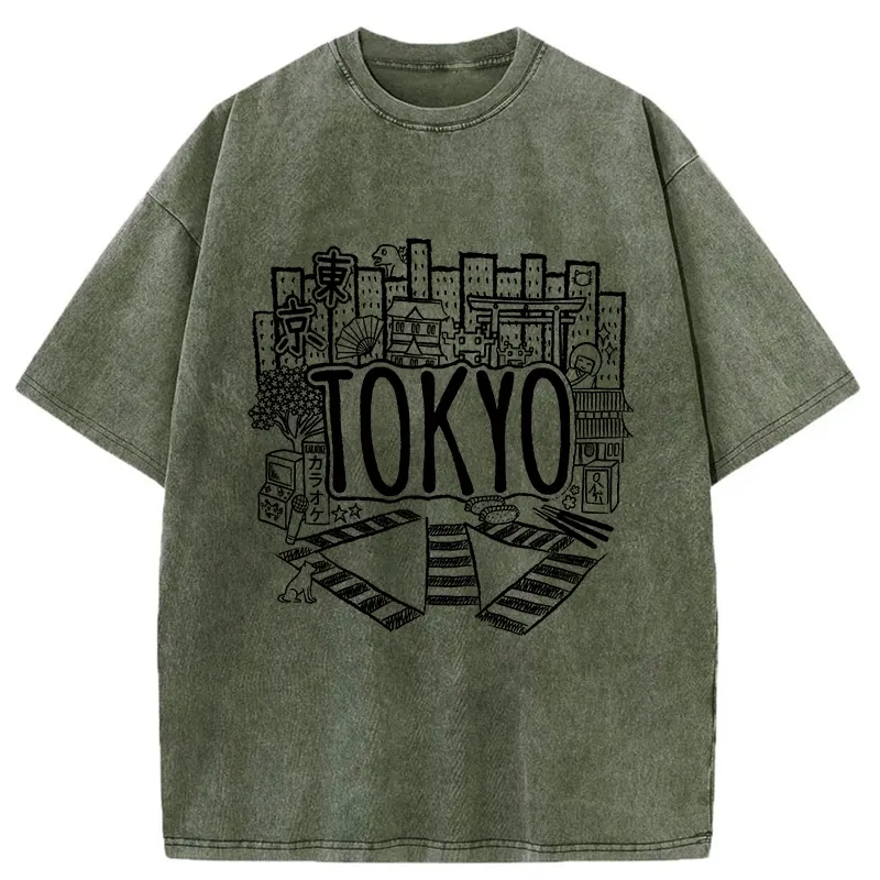 Tokyo-Tiger Cityscape Of Tokyo Washed T-Shirt