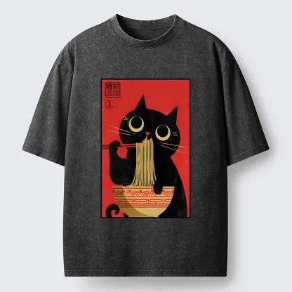 Tokyo-Tiger Cat Eats Ramen Like A Pro Washed T-Shirt