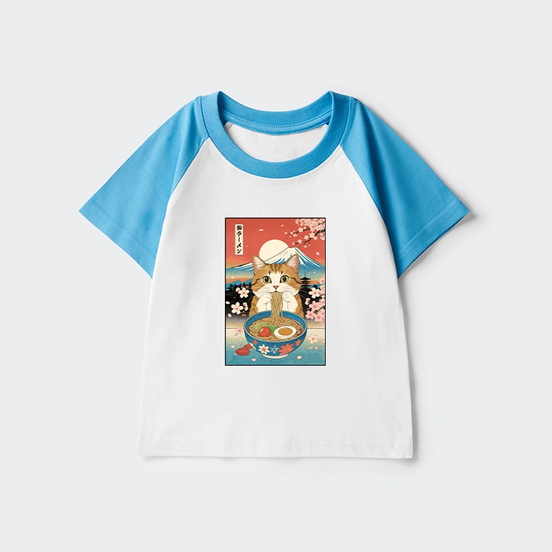Tokyo-Tiger Funny Orange Cat Eating Ramen Japan Kids Raglan T-shirt