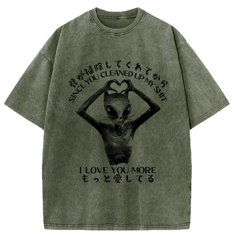 Tokyo-Tiger Funny Alien Cat Love Washed T-Shirt