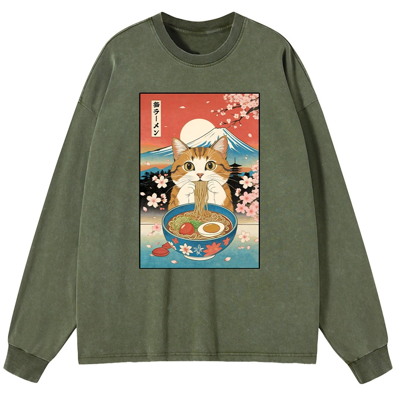 Tokyo-Tiger Funny Orange Cat Eating Ramen Japan Washed Long Sleeve T-Shirt