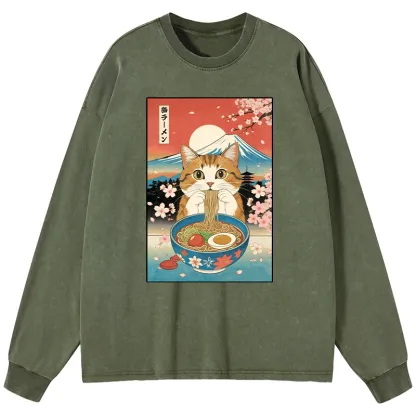 Tokyo-Tiger Funny Orange Cat Eating Ramen Japan Washed Long Sleeve T-Shirt