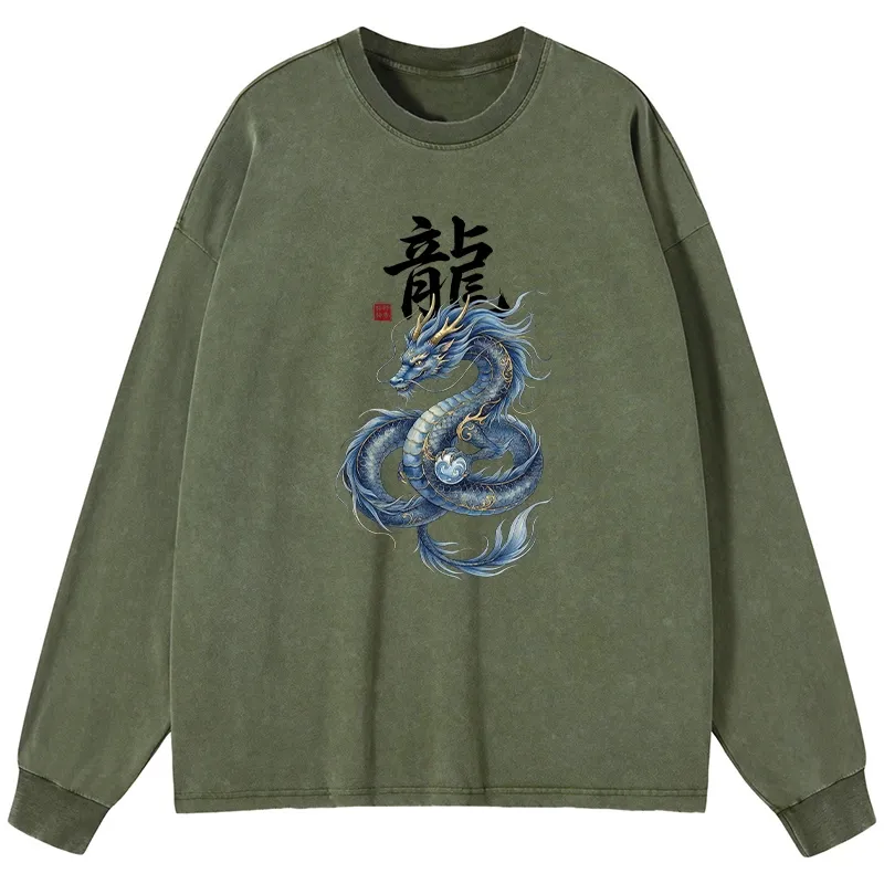 Tokyo-Tiger Mythic Blue Dragon Washed Long Sleeve T-Shirt