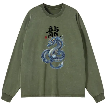 Tokyo-Tiger Mythic Blue Dragon Washed Long Sleeve T-Shirt