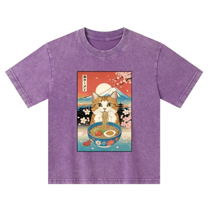 Tokyo-Tiger Funny Orange Cat Eating Ramen Japan Kids Washed T-Shirt