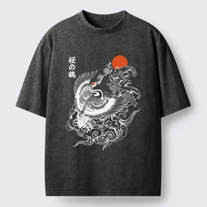 Tokyo-Tiger Sakura Crane In Flight Washed T-Shirt