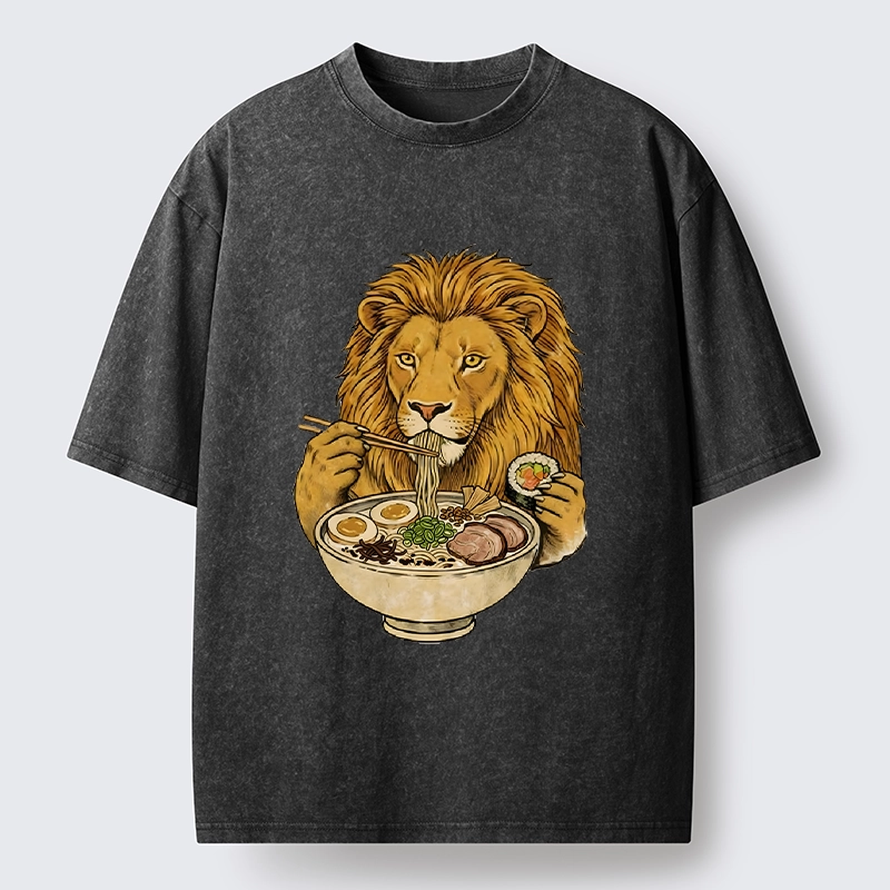 Tokyo-Tiger King Lion Enjoying Ramen Dinner Washed T-Shirt