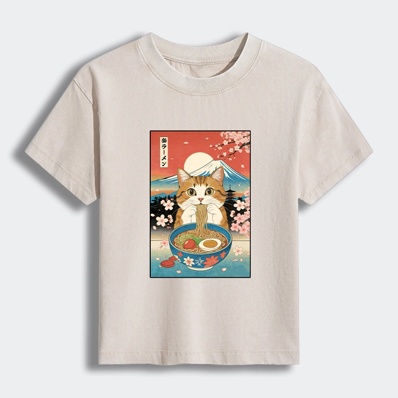 Tokyo-Tiger Funny Orange Cat Eating Ramen Japan Women's Washed T-shirt