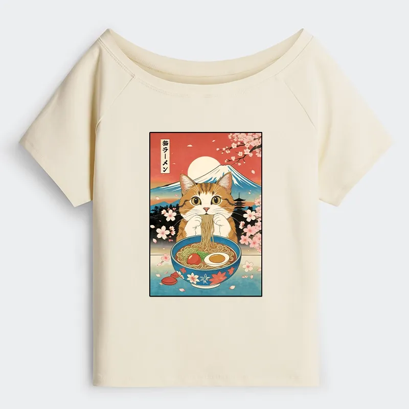 Tokyo-Tiger Funny Orange Cat Eating Ramen Japan Off Shoulder T-Shirt