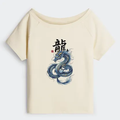 Tokyo-Tiger Mythic Blue Dragon Off Shoulder T-Shirt