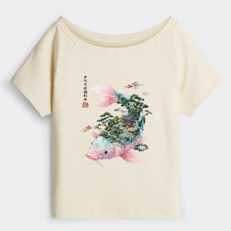 Tokyo-Tiger Journey Of The Flowing Koi Off Shoulder T-Shirt
