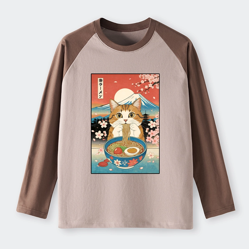 Tokyo-Tiger Funny Orange Cat Eating Ramen Japan Raglan Long Sleeve T-shirt