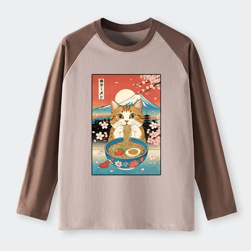 Tokyo-Tiger Funny Orange Cat Eating Ramen Japan Raglan Long Sleeve T-shirt Sale