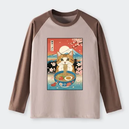 Tokyo-Tiger Funny Orange Cat Eating Ramen Japan Raglan Long Sleeve T-shirt
