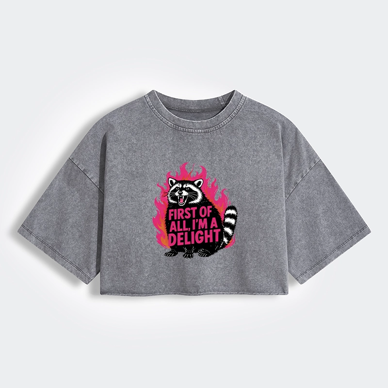 Tokyo-Tiger Angry Raccoon Funny Women's Washed Crop T-Shirt