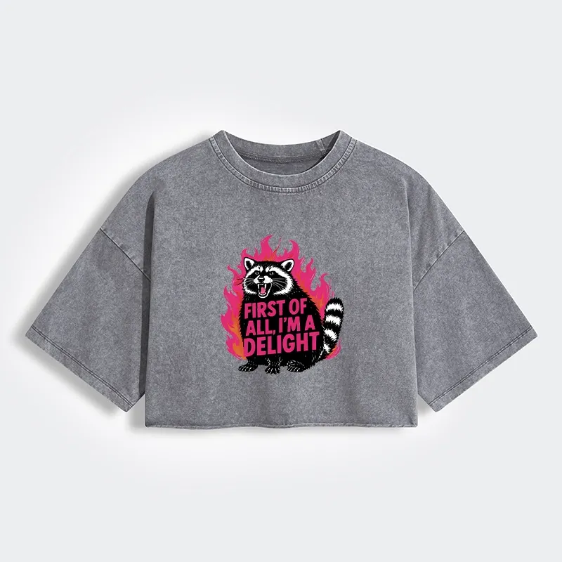 Tokyo-Tiger Angry Raccoon Funny Women's Washed Crop T-Shirt Sale