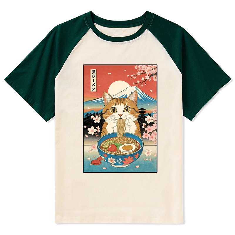 Tokyo-Tiger Funny Orange Cat Eating Ramen Japan Raglan T-shirt