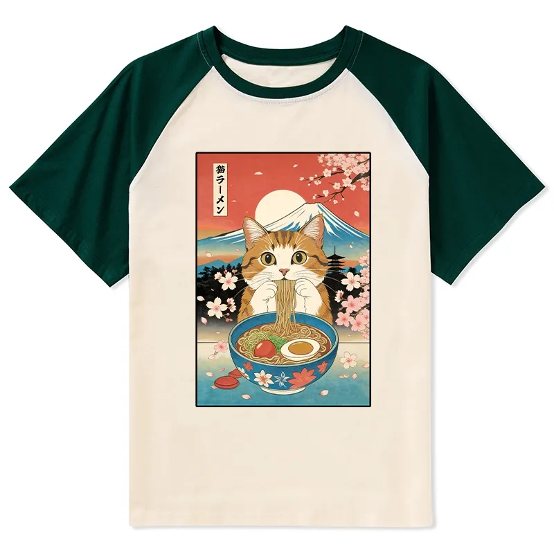 Tokyo-Tiger Funny Orange Cat Eating Ramen Japan Raglan T-shirt